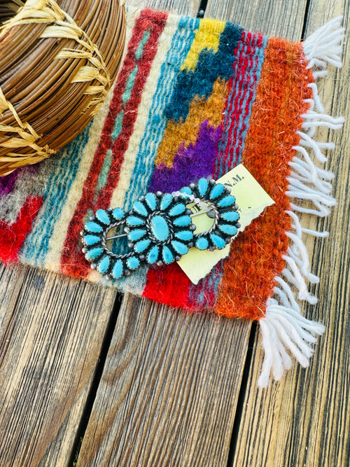 Old Pawn Handcrafted Turquoise and Sterling Silver Cluster Brooch