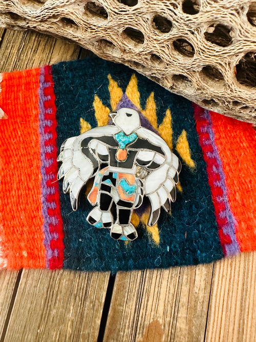 Vintage Navajo Sterling Silver & Multi Stone Inlay Eagle Dancer Bolo Slide