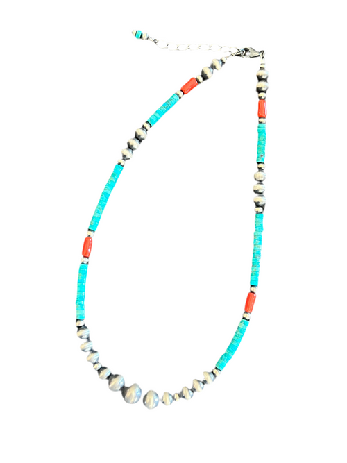 Handcrafted Summer Lovin’ Beaded Layering Necklace with Sterling Silver, Turquoise and Mediterranean Coral, 14” + 2”, The Beach Cruiser