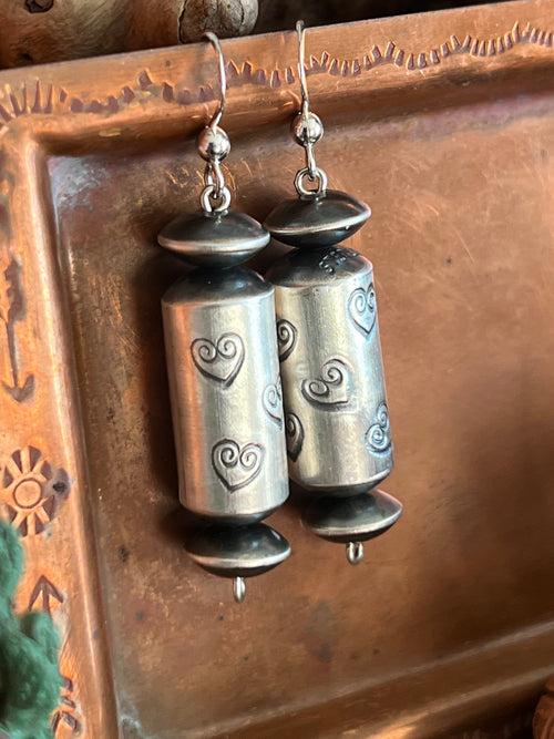 Sterling Silver Handcrafted Heart Stamped Barrel Bead Drop Dangle Earrings by Preston Haley