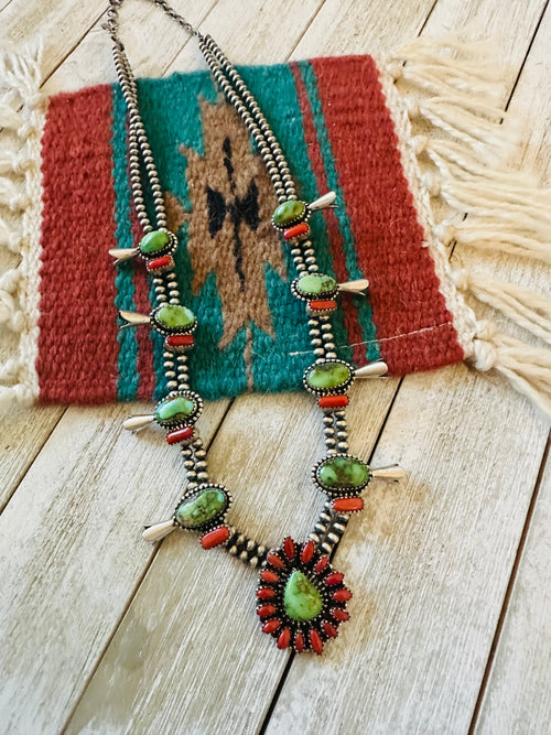 ** Christmas Collection ** Handmade Sterling Silver, Turquoise & Coral Necklace Signed Nizhoni
