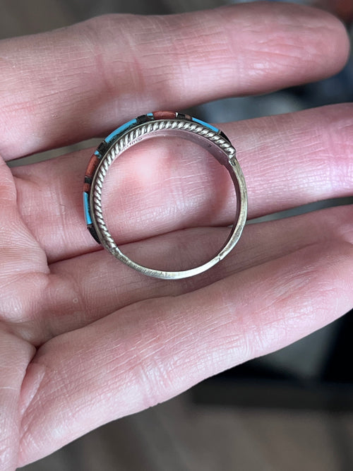 Old Pawn Sterling Silver, Turquoise, Onyx and Coral Raised Channel Inlay Ring by Deidre L Panteah