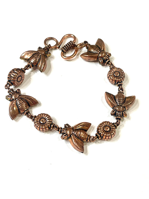 Vintage Handmade Copper Flower & Bee Link Bracelet