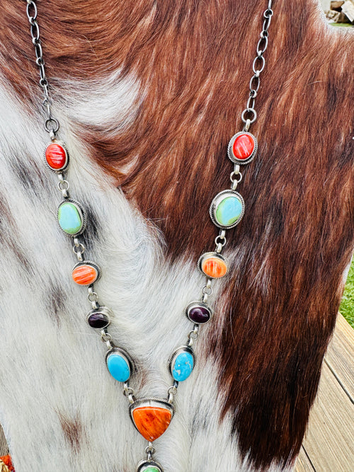 Handcrafted Turquoise, Spiny Oyster & Sterling Silver Electric Rainbow Lariat Necklace