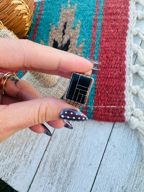 Old Pawn Handcrafted Onyx & Sterling Silver Inlay Ring Size 12