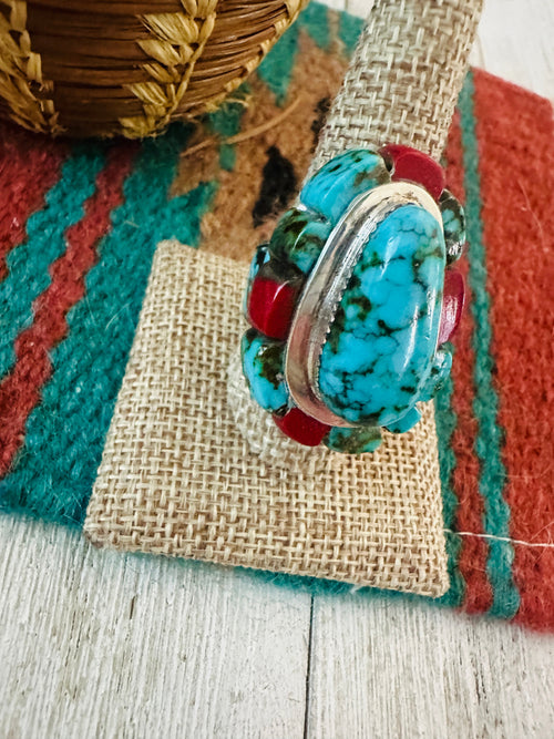 Old Pawn Navajo Sterling Silver, Turquoise & Coral Inlay Ring Size 11
