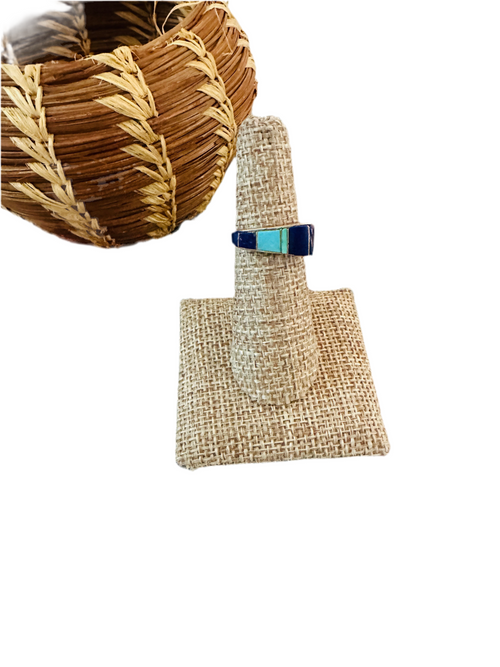 Handcrafted Old Pawn Sterling Silver, Lapis & Turquoise Inlay Band Ring Size 6