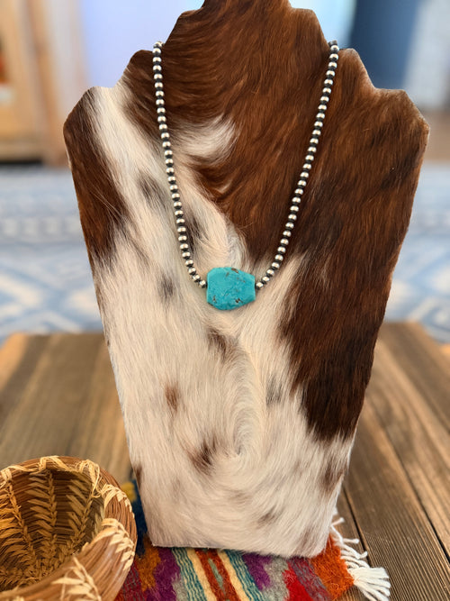 Handcrafted Kingman Turquoise & Sterling Silver Pearl 18” Beaded Necklace