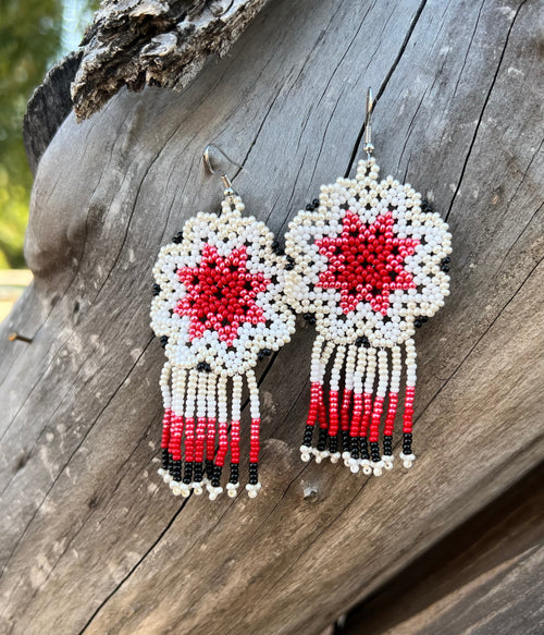 Handmade MultiColor Beaded Dangle Earrings (White, Red, & Black)