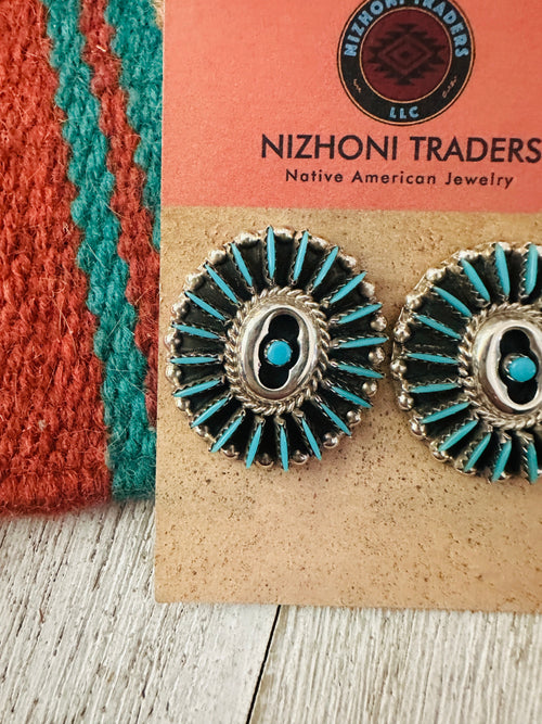 Old Pawn Needlepoint Sterling Silver & Turquoise Cluster Post Earrings