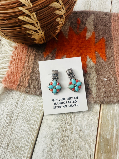 Old Pawn Navajo Sterling Silver, Turquoise & Coral Flower Dangle Earrings