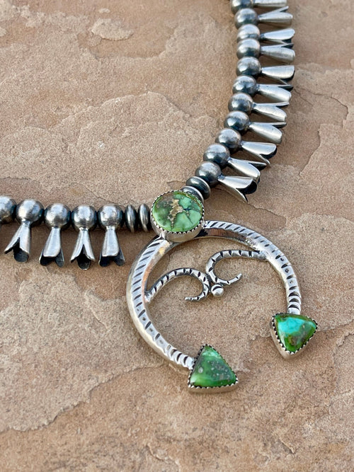 Beautiful Handmade Sterling Silver & Sonoran Mountain Turquoise Squash Blossom Necklace