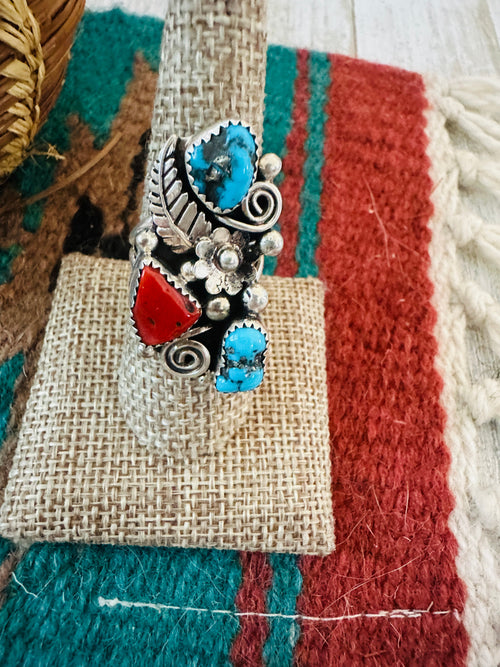 Old Pawn Navajo Sterling Silver, Turquoise & Coral Ring