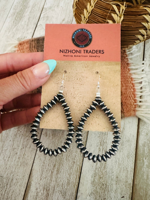 Navajo Sterling Silver Pearl Beaded Dangle Hoop Earrings