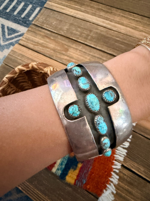 Handcrafted Old Pawn Sterling Silver & Turquoise Shadowbox Cross Cuff Bracelet