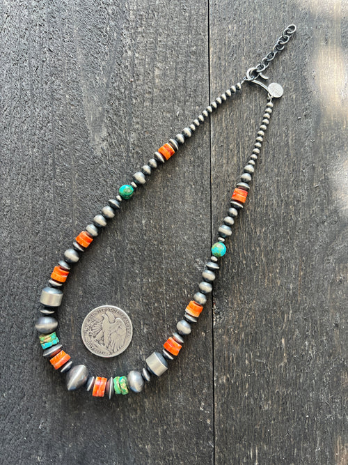 Navajo Made Electric Rainbow Sterling Silver, Turquoise and Spiny Oyster Single Strand Beaded Necklace by Rose Martin, 18 + 2 Inches