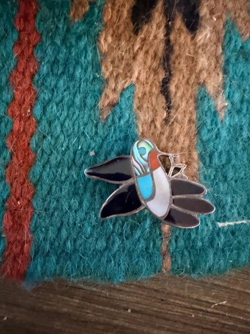 Old Pawn Handcrafted Multi Stone & Sterling Silver Inlay Hummingbird Brooch