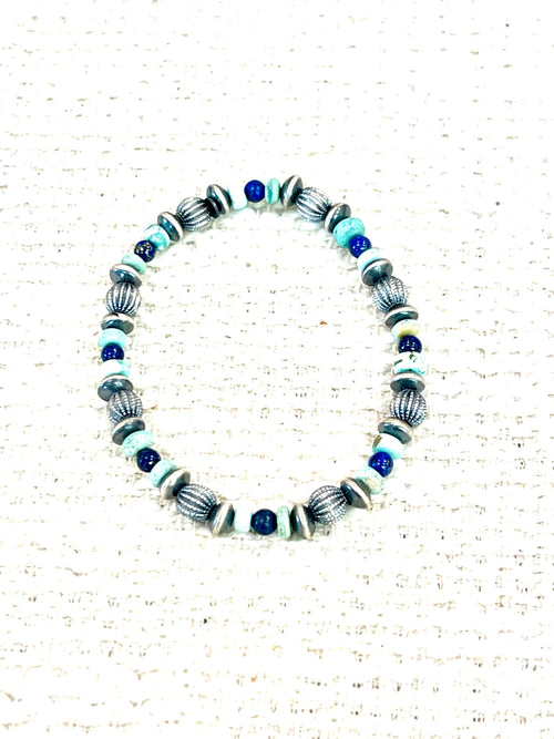 Handmade Sterling Silver, Turquoise & Lapis Beaded Bracelet with Signed Nizhoni