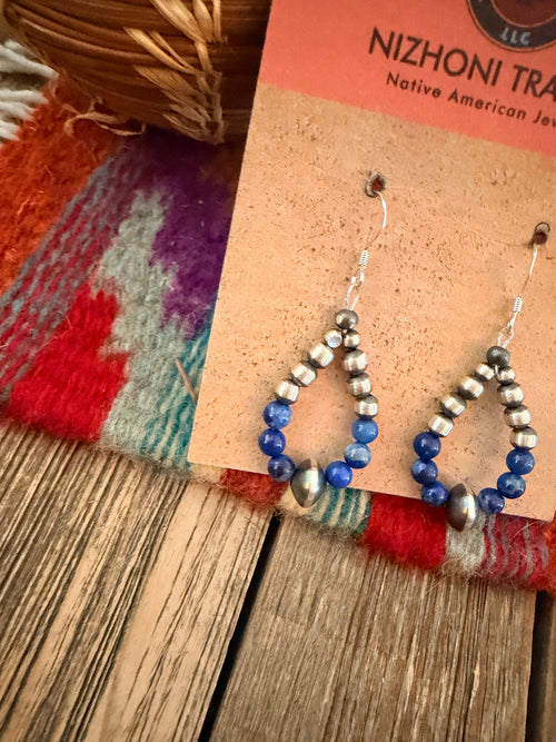 Handcrafted Lapis & Sterling Silver Pearl Beaded Dangle Hoop Earrings
