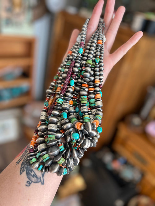 Navajo Made Electric Rainbow Sterling Silver, Turquoise and Spiny Oyster Single Strand Beaded Necklace by Rose Martin, 18 + 2 Inches