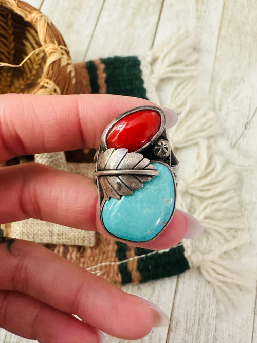 Old Pawn Handcrafted Turquoise, Coral & Sterling Silver Ring Size 10