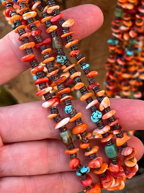 Gorgeous Santo Domingo Made Eight Strand Spiny Oyster and Turquoise Beaded Squaw Wrap Necklace