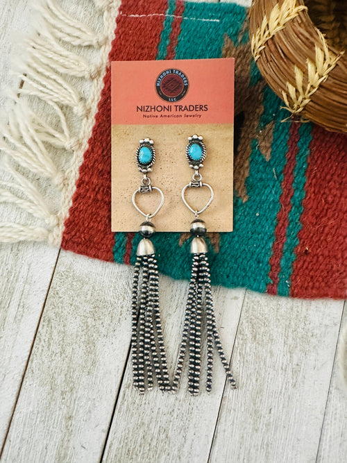 Handcrafted Turquoise & Sterling Silver Pearl Beaded Tassel Dangle Earrings