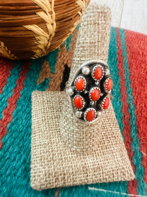 Old Pawn Navajo Sterling Silver & Coral Ring Size 8