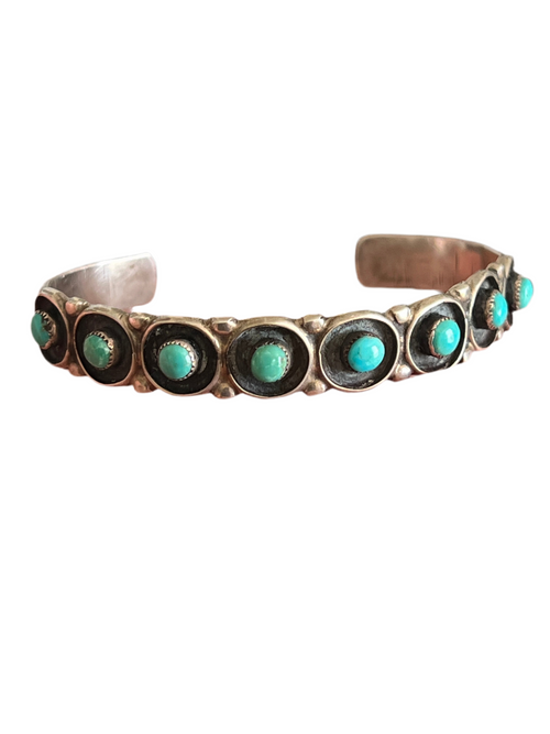 Handcrafted Vintage Sterling Silver and Round Turquoise Panel Stacker Cuff Bracelet