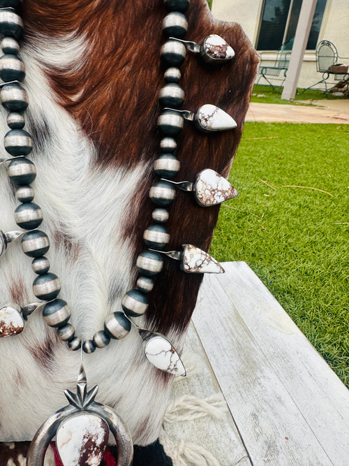 Handcrafted Wild Horse & Sterling Silver Beaded Squash Blossom Necklace by Chimney Butte