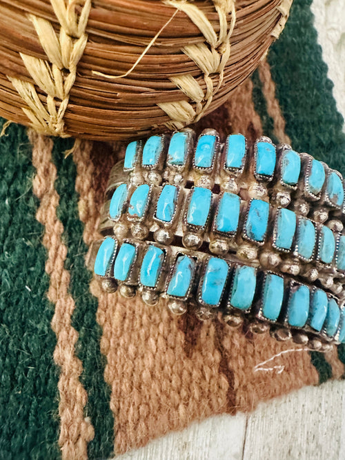 Handcrafted Old Pawn Turquoise & Sterling Silver Cluster Cuff Bracelet