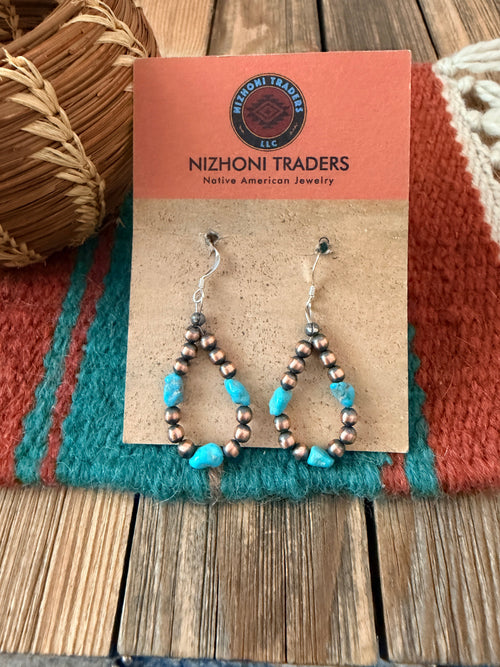 Handcrafted Copper & Turquoise Beaded Dangle Hoop Earrings