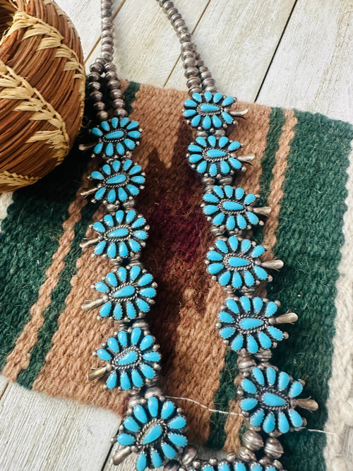 Vintage Old Pawn Navajo Turquoise & Sterling Silver Beaded Squash Blossom Necklace