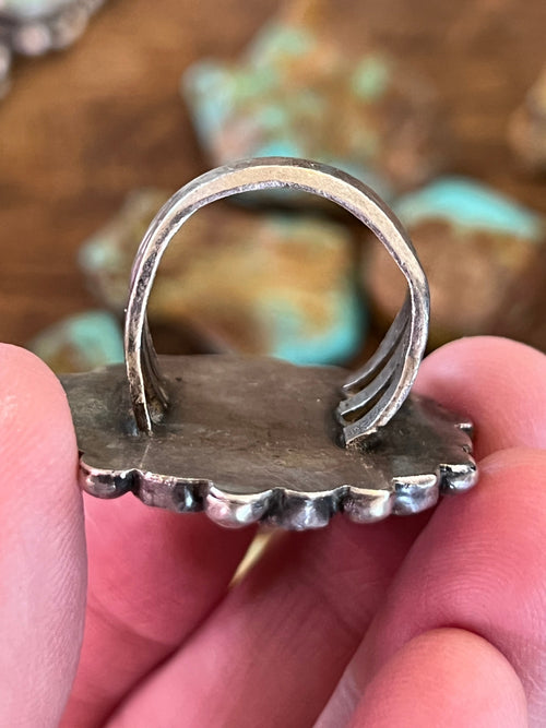 Old Pawn Unsigned Sterling Silver and Turquoise Cluster Ring, Size 8.5