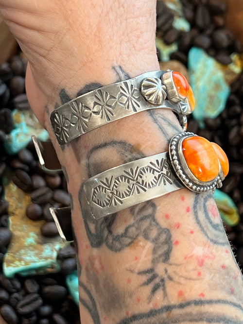 Apache Sterling Silver and Orange Spiny Oyster Shell Cuff Bracelet by Rosella Paxson