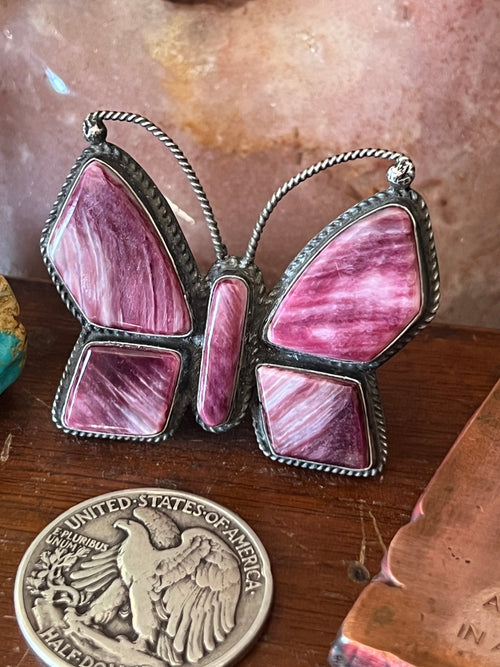 Old Pawn Navajo Sterling Silver and Purple Spiny Oyster Butterfly Ring by Anthony Skeets, Size 11