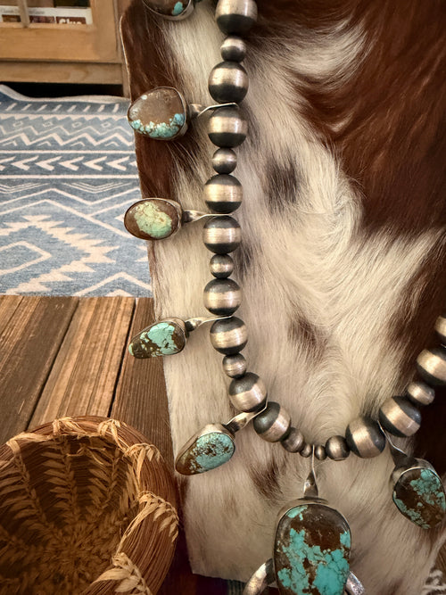 Handcrafted Number 8 Turquoise & Sterling Silver Beaded Squash Blossom Necklace by Chimney Butte