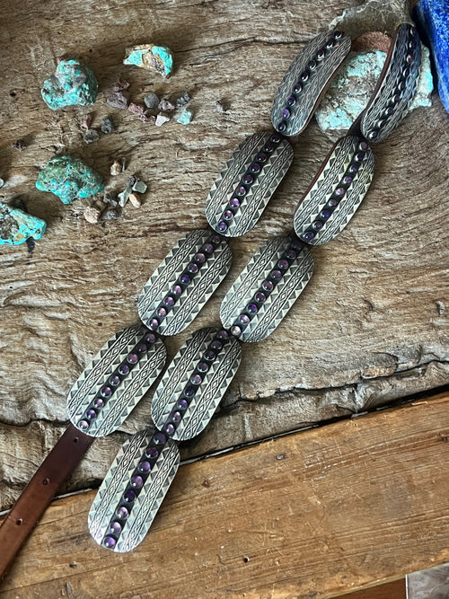Stunning Old Pawn Handcrafted Sterling Silver and Amethyst Concho Belt by Seth Brown, Taos
