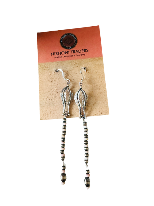 Queen Pink Conch & Sterling Silver Pearl Beaded Feather Earrings