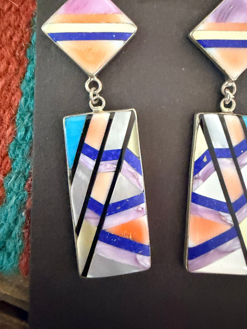 Old Pawn Handcrafted Sterling Silver & Multi Stone Inlay Dangle Earrings
