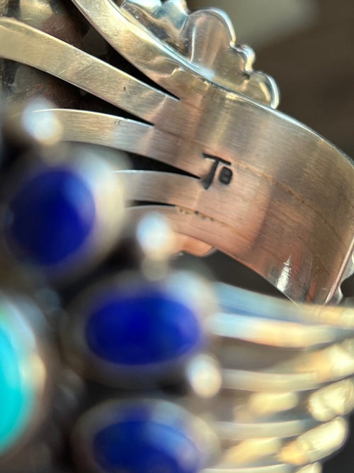 Sterling Silver, Sonoran Mountain Turquoise and Lapis Lazuli Cluster Cuff Bracelet by Tyler Brown /