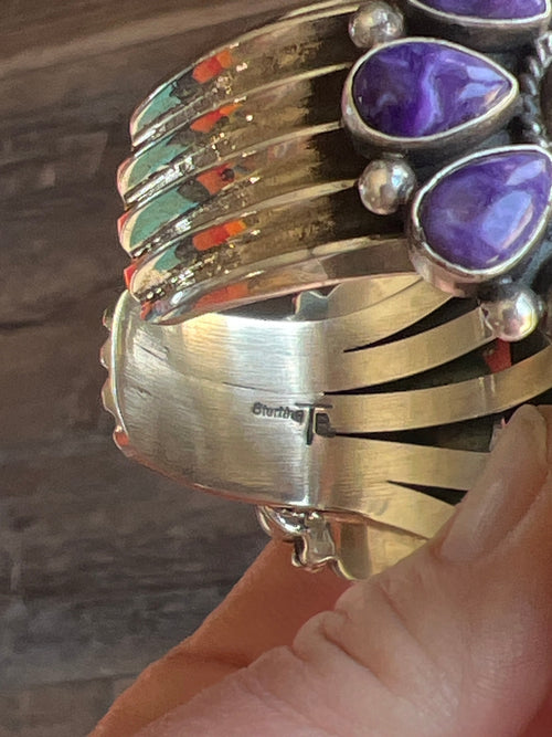 Handcrafted Sterling Silver, Charoite and Golden Hills Turquoise Cluster Cuff Bracelet by Tyler Brown /