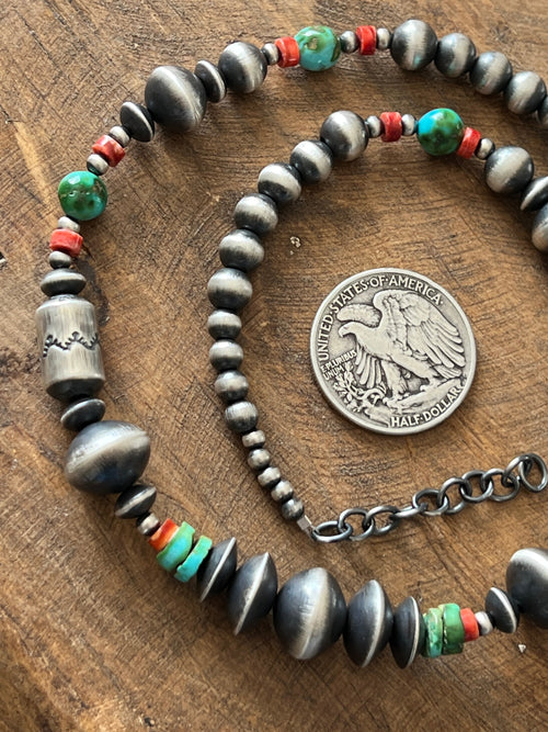 Navajo Made Electric Rainbow Sterling Silver, Turquoise and Spiny Oyster Single Strand Beaded Necklace by Rose Martin, 20 + 2 Inches