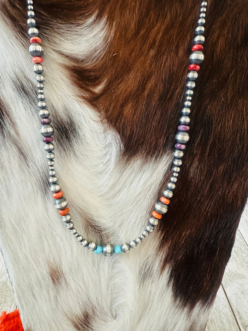 Navajo Sterling Silver, Spiny Oyster & Turquoise Beaded 20” Necklaces