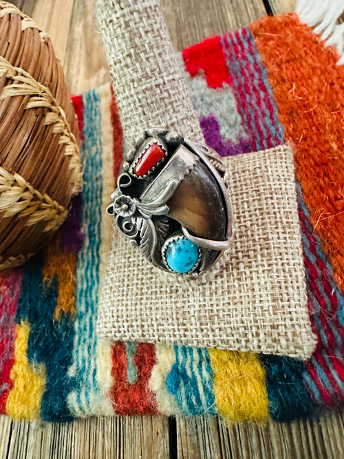 Old Pawn Handcrafted Turquoise, Coral & Sterling Silver Ring Size 11.5