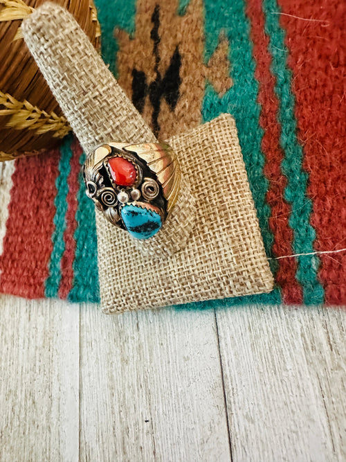 Old Pawn Navajo Sterling Silver with Gold Overlay, Turquoise & Coral Ring Size 10.75