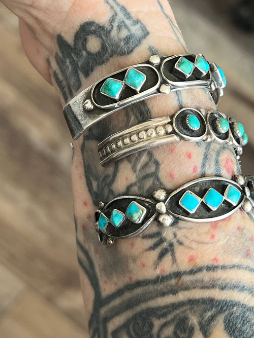 Handcrafted Vintage Sterling Silver and Four Diamond Turquoise Panel Stacker Cuff Bracelet