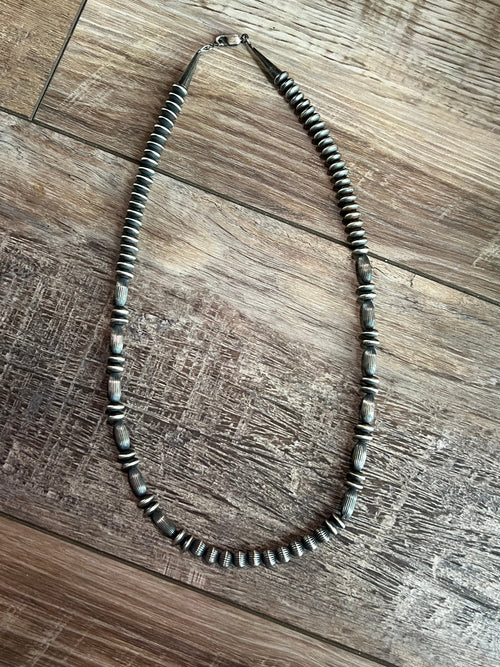 Old Pawn Sterling Silver Navajo Saucer and Corrugated Bead Necklace, 24 inches