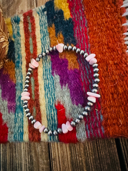 Handcrafted Queen Pink Conch & Sterling Silver Pearl Beaded Stretch Bracelet