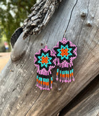 Handmade MultiColor Beaded Dangle Earrings (Purple, Turquoise, Orange)